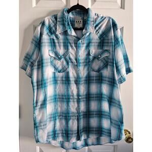 Mens Ely Cattleman Wrinkle Resistant SS Turquoise/Black Plaid Pearl Snap Size XL